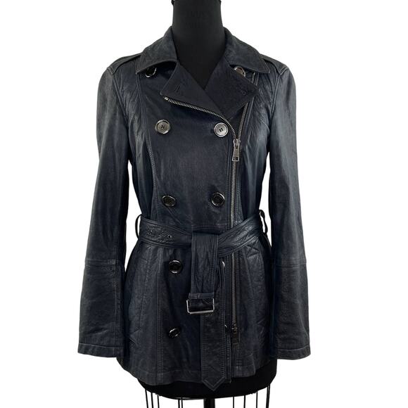 Burberry Brit Dark Blue Distressed Leather Belted Trench Coat Jacket US 6 UK 8 - Picture 1 of 16